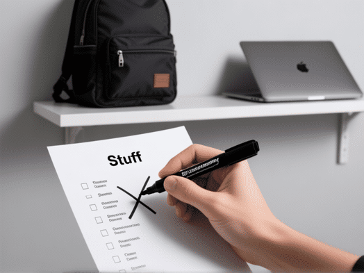 Midjourney prompt: Close-up of a hand holding a black sharpie, decisively crossing out items on a printed list titled 'Stuff'. Behind it, a tidy shelf with a single backpack and a laptop. Stark, minimalist composition, high contrast, sharp focus. --ar 4:3 --style raw