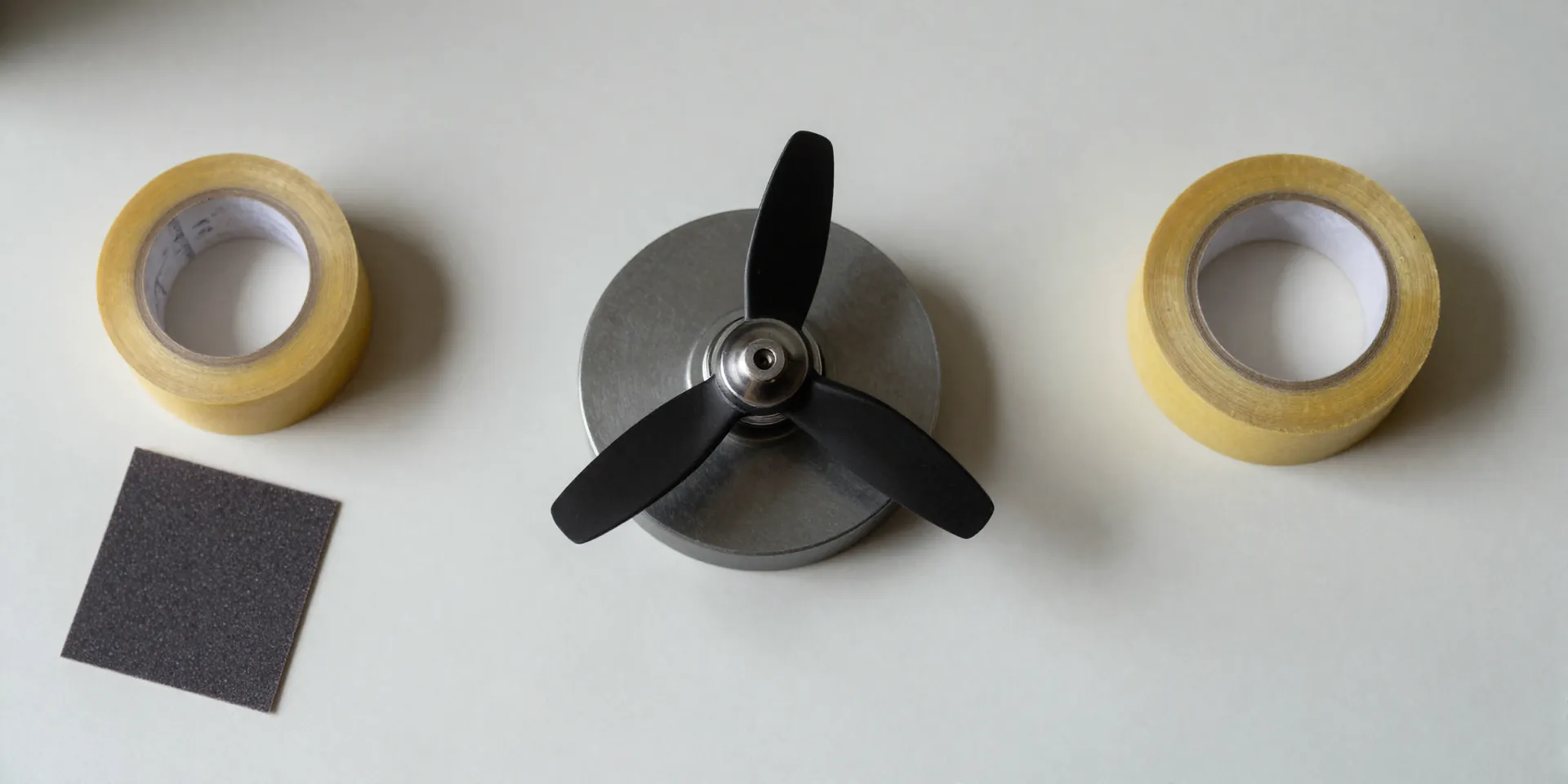 Top-down view of a minimalist workbench featuring a magnetic propeller balancer, a roll of fine electrical tape, and high-grit sandpaper. Soft natural light, neat layout, highly detailed, raw photography --ar 16:9