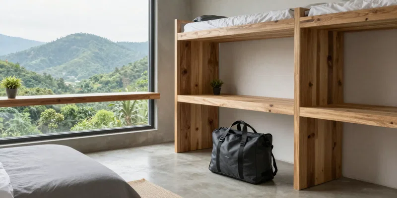 Ultra-realistic shot of a stylish, minimalist co-living bedroom in Chiang Mai. Concrete floors, large wooden desk, huge window with view of green mountains. A single female traveler's bag is unpacked neatly. Clean, affordable, functional aesthetic, natural light, detailed textures.