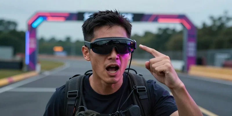 Over-the-shoulder view of an FPV drone pilot wearing digital goggles, intense body language, background shows a blurred outdoor race track with neon racing gates, cyberpunk aesthetic meets gritty outdoor racing, hyper-detailed, neon lighting --ar 16:9
