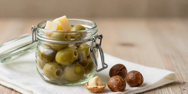 A small, stylish glass jar with a lid, filled with whole olives and small cubes of cheese. Next to it, a few macadamia nuts on a napkin. Soft, warm lighting. --ar 16:9