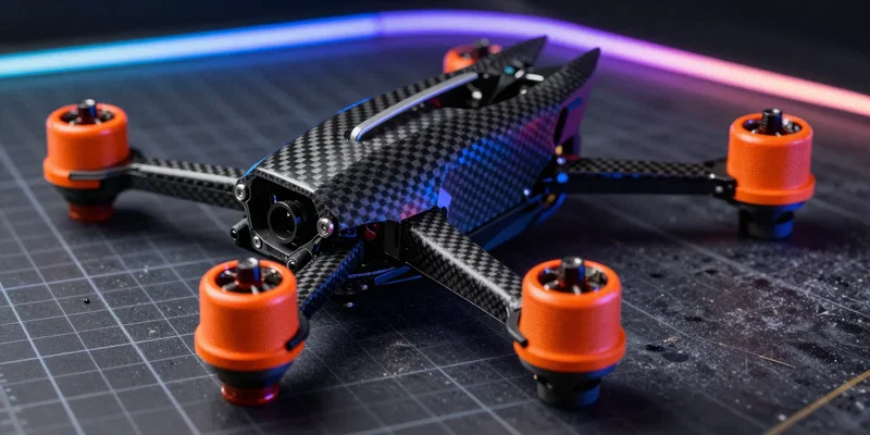 Close up macro photography of a thick carbon fiber racing drone frame with bright orange motors attached, resting on a dark grimy cutting mat, neon accent lighting, hyper-detailed --ar 16:9