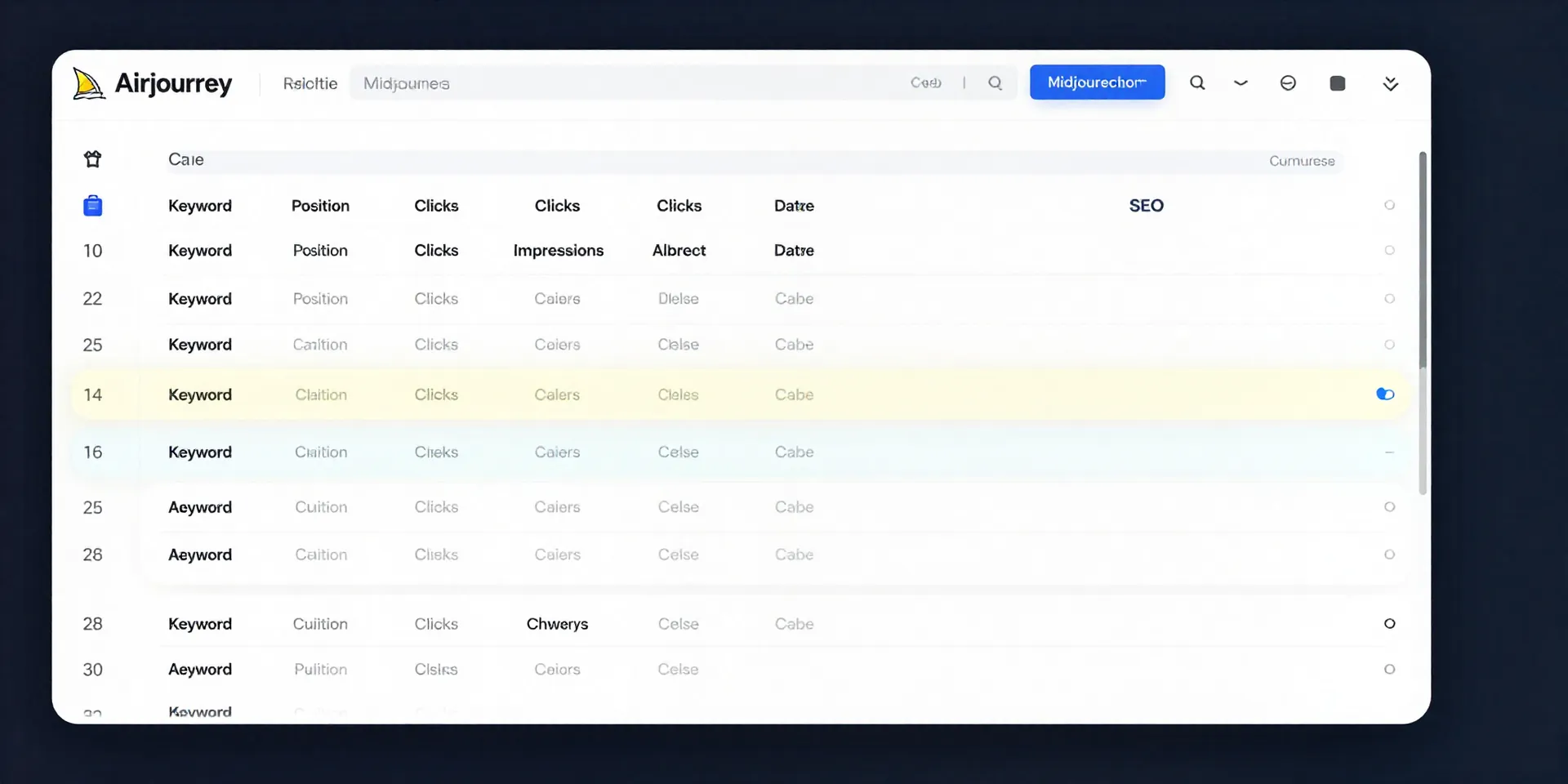 Midjourney prompt: A bird's-eye view of an Airtable base for SEO. Clear columns for Keyword, Position, Clicks, Impressions, Date. One row is highlighted with a soft pulse as new data flows in. UI design, clean, sharp, colorful