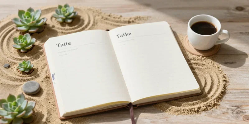 A beautifully cluttered desk planner, but visualized as a serene, miniature zen garden. Sand raked in patterns around tiny