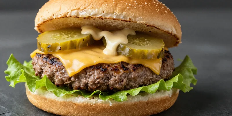 Close-up, mouthwatering shot of a juicy beef patty with melted cheese, crisp lettuce, pickles, and special sauce, all wrapped in a perfect, fresh iceberg lettuce bun. Shot on a dark slate background, side lighting showing texture, food styling.