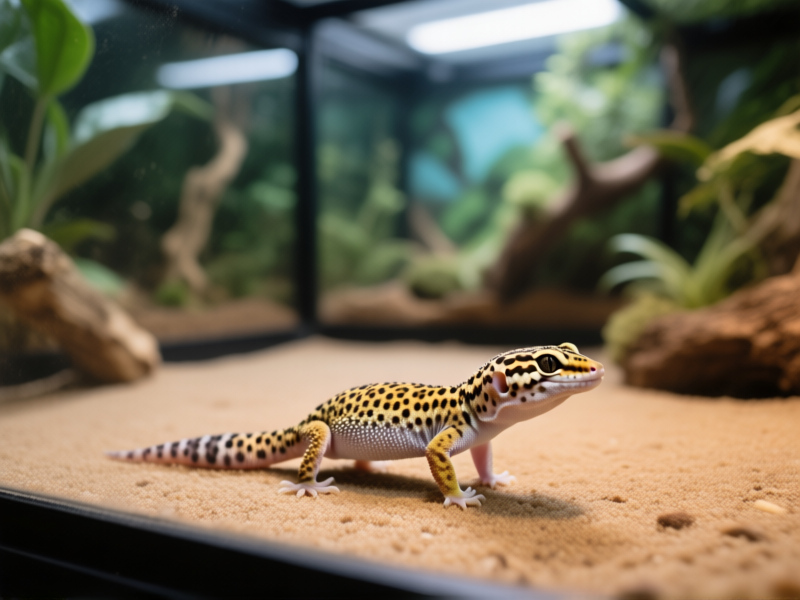 A single leopard gecko in an expansive, well-decorated terrarium, showcasing the concept of usable floor space, hyperrealistic, naturalistic background, shallow depth of field, animal photography style --ar 16:9