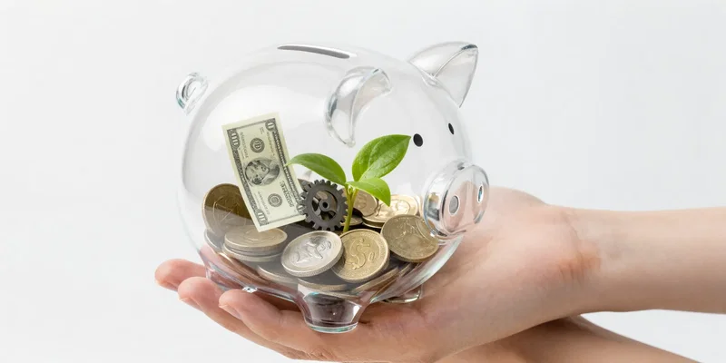 Close-up shot of a hand holding a transparent piggy bank, but inside are not coins, but miniature symbols of cost: a tiny medical bill, a broken gear, a wilted plant. Clean, illustrative, sharp focus, isometric view --ar 16:9