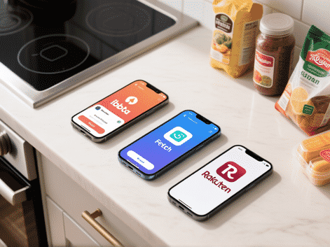 Modern photography, kitchen counter. Three smartphones displaying different but popular cashback app icons (like Ibotta
