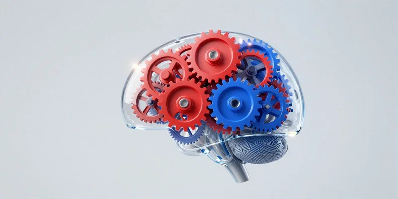 A human brain made of transparent glass, filled with colorful gears and cogs. One set of gears is red and meshed perfectly. Another set, blue, is jammed and sparking as it tries to engage. Clean 3D render, sci-fi aesthetic.