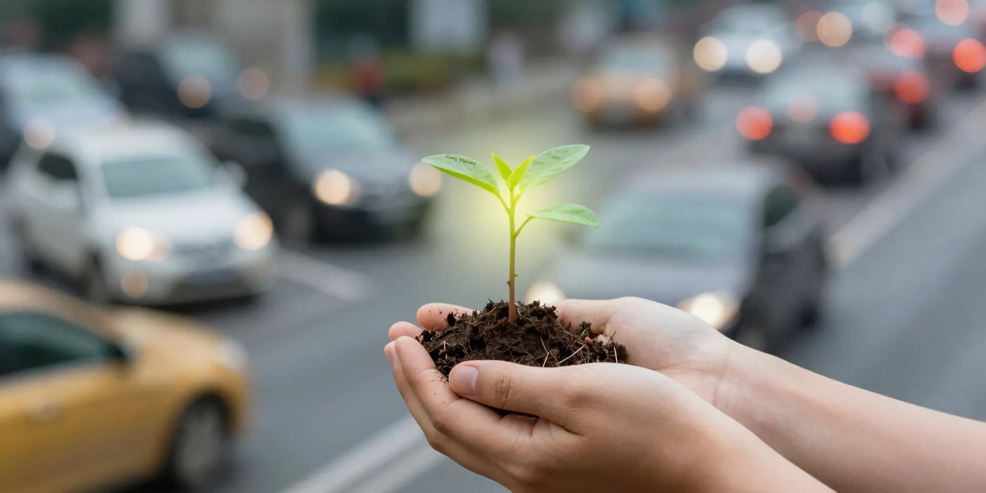 Close-up of a person's hands holding a small, glowing seedling labeled 'Core Values'. The background is a blur of chaotic, speeding traffic. Hyper-realistic, shallow depth of field, focus on the delicate plant.