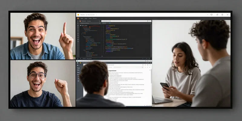 A split screen. On the left, a chaotic video call with exaggerated fake smiles. On the right, two people messaging