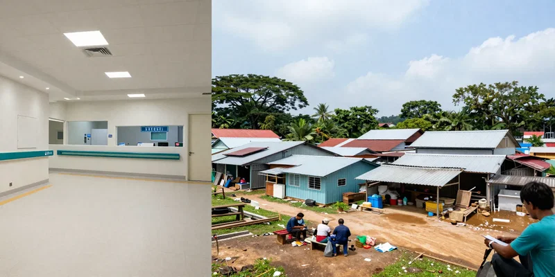 A split image: left side shows a pristine, modern hospital lobby in Singapore; right side shows a crowded, basic clinic in a rural Southeast Asian village, photojournalistic style, high contrast --ar 16:9
