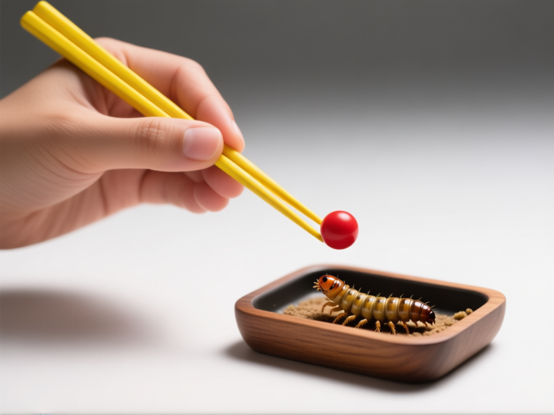 Midjourney Prompt: A hand holding a bright yellow chopstick (target stick) with a tiny red ball on the end, pointing towards a piece of a mealworm in a reptile feeding dish. Studio lighting on clean background. Hyperrealistic, detailed textures of wood and insect. --ar 16:9