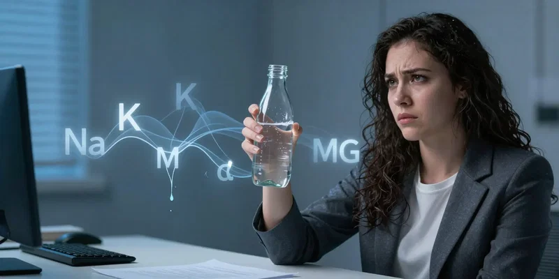 A frustrated woman at her desk holding a huge, beautiful glass bottle of water. She looks unimpressed. A graphic overlay shows faint, ghostly outlines of mineral symbols (Na, K, Mg) draining out of the water. Hyperrealistic, cinematic lighting, blue and cool tones. --ar 16:9 --style raw
