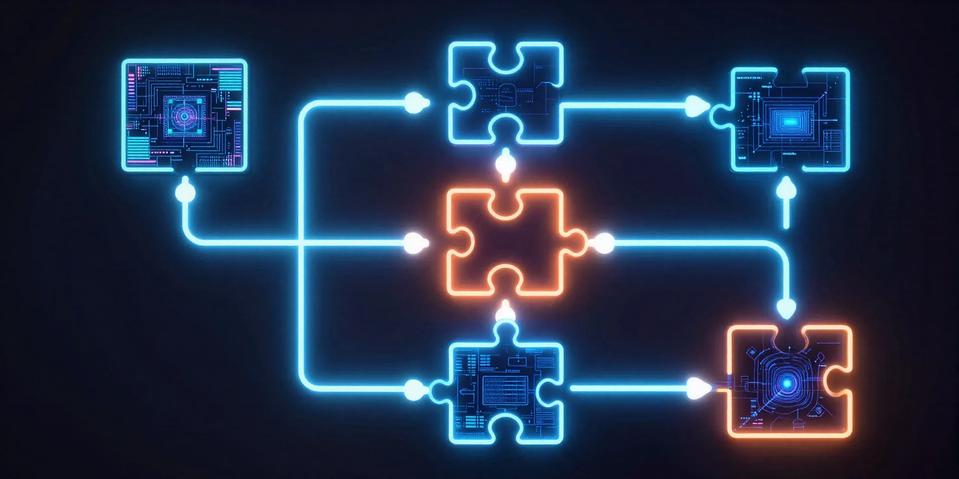 A glowing neon flowchart connecting digital puzzle pieces on a dark background, cyberpunk style, neon blue and orange, highly detailed --ar 16:9