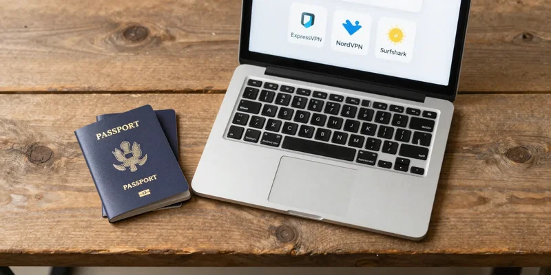 Midjourney prompt: A clean, flat-lay composition from above on a rustic wooden desk in a co-working space. A passport is open next to a laptop. On the laptop screen are three distinct, simple app icons for ExpressVPN, NordVPN, and Surfshark. Soft morning light, minimalist.