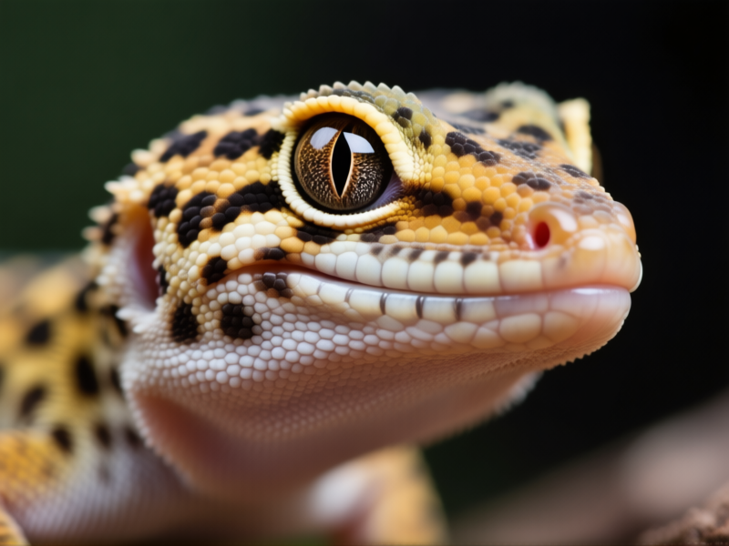 Midjourney Prompt: Macro photography of a leopard gecko's face, close up on the jawline, showing a slightly misaligned and softened lower jaw, soft diffused lighting, shallow depth of field, photorealistic style, v 6.0