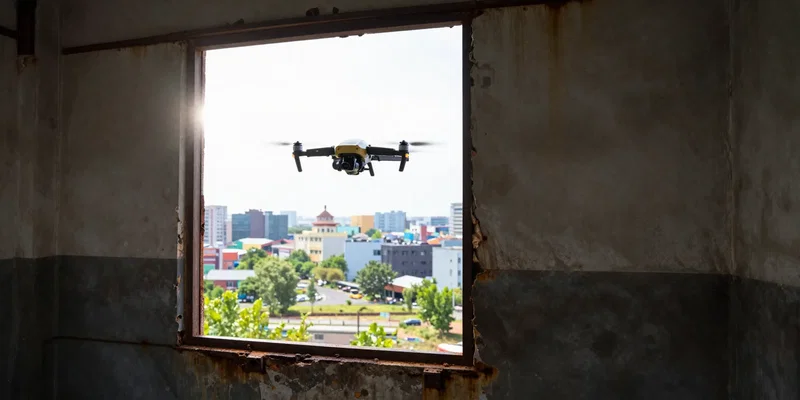 FPV drone perspective flying through a tight rusted window frame of an abandoned warehouse, revealing a brightly lit vibrant cityscape outside. High contrast, volumetric dust, anamorphic lens flare, sharp focus --ar 16:9 --v 6.0