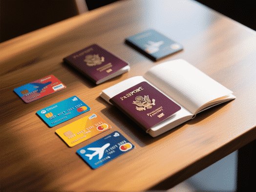 Dramatic top-down shot of colorful airline credit cards and passports laid out on a wooden table. Shallow depth of field, one passport is open. Soft morning light, minimalist composition, strategic feel.