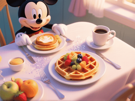 A beautifully styled overhead shot of a character dining breakfast table. Vibrant Mickey waffles, colorful fruit, and a scattering of glitter next to a coffee mug. Soft morning light, photorealistic food details, whimsical but elegant composition.