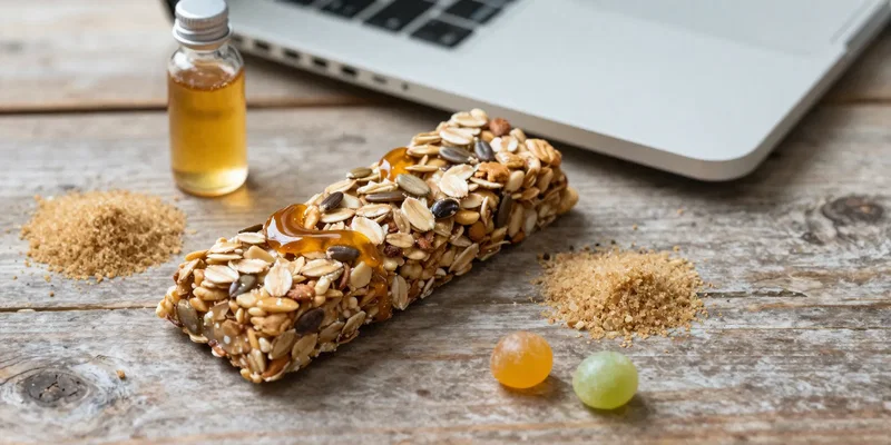 A perfectly staged, hero-shot style photograph of a granola bar unwrapped on a rustic wood desk beside a laptop. The bar looks dense with oats, seeds, and a glossy honey drizzle. But scattered around it are visual metaphors for its carb content: small piles of brown sugar, a tiny bottle of corn syrup, a few jelly beans. Soft, natural light. Sharp focus. --ar 16:9 --v 6.0