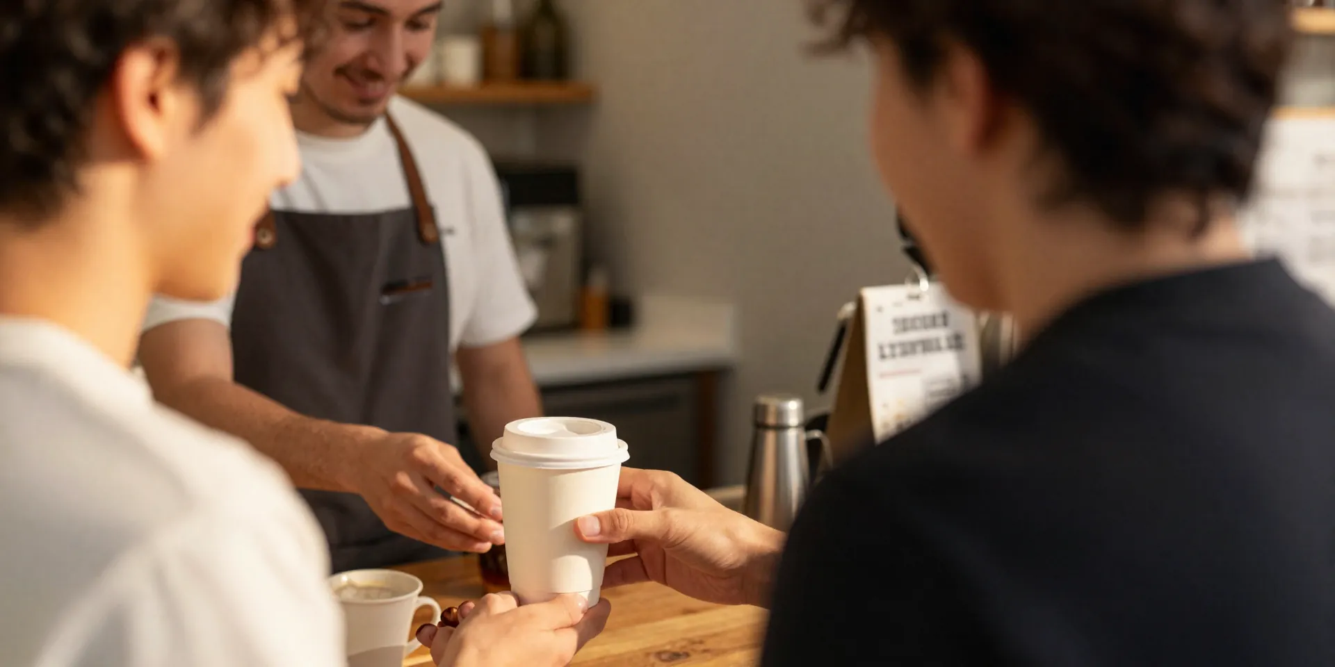 A person making brief, genuine eye contact and a small smile with a barista while receiving a coffee. Warm, golden hour light, authentic moment, focus on the micro-interaction, photojournalistic style --style raw