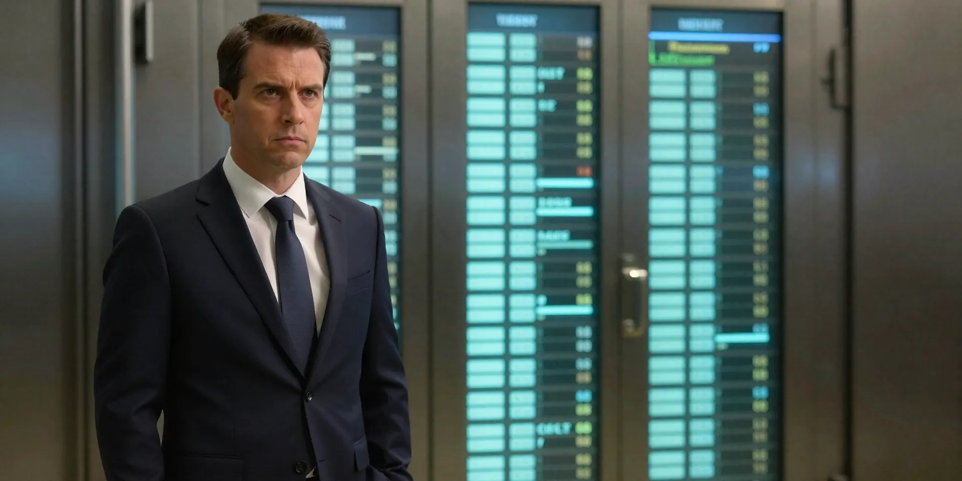 A stern-looking bouncer in a sleek suit standing in front of a glowing digital database vault, cinematic lighting, photorealistic --ar 16:9