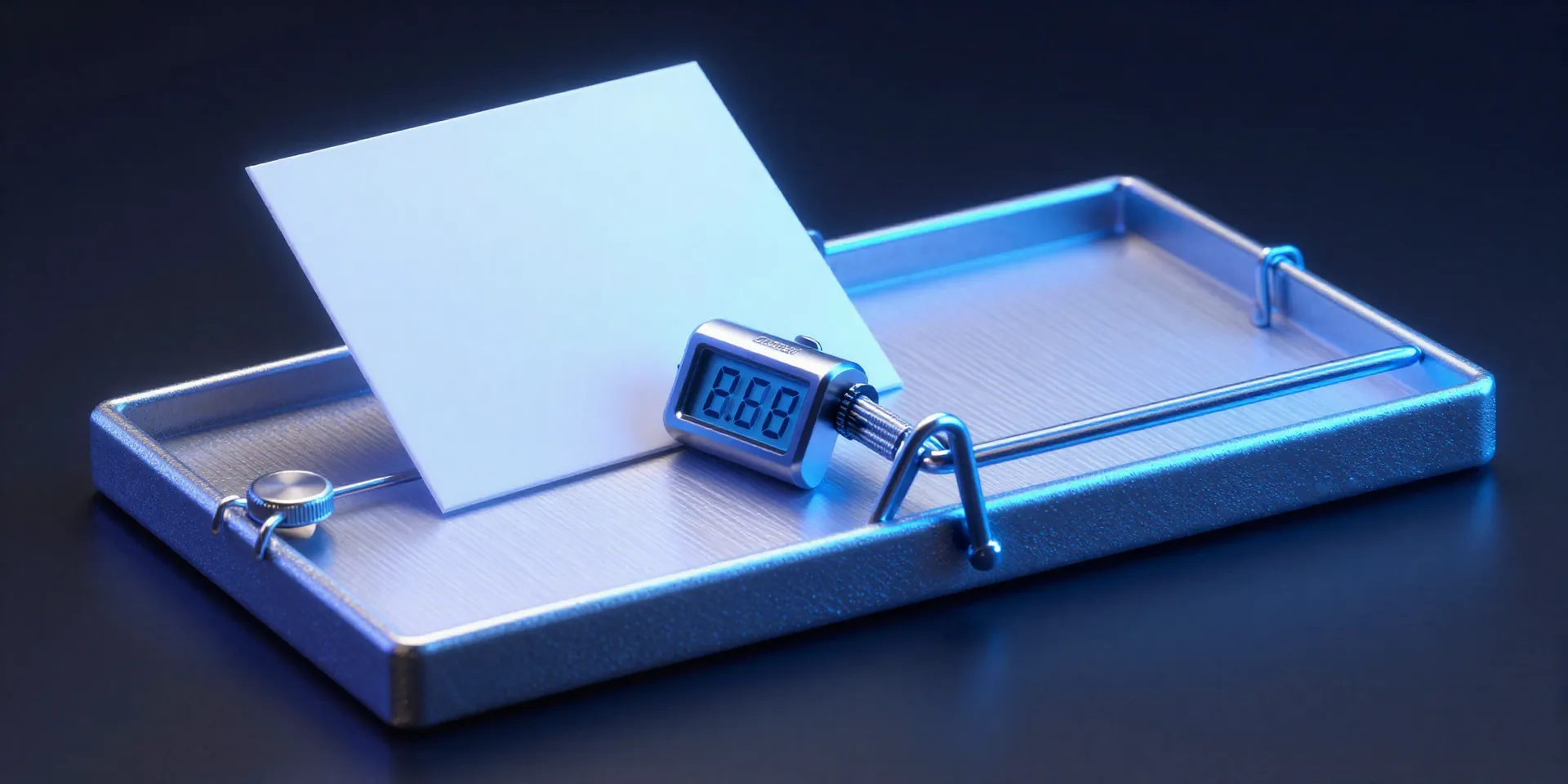 A glowing digital mousetrap with a blank white index card sitting on it as bait, dark background, dramatic neon blue lighting, highly detailed 3D render --ar 16:9