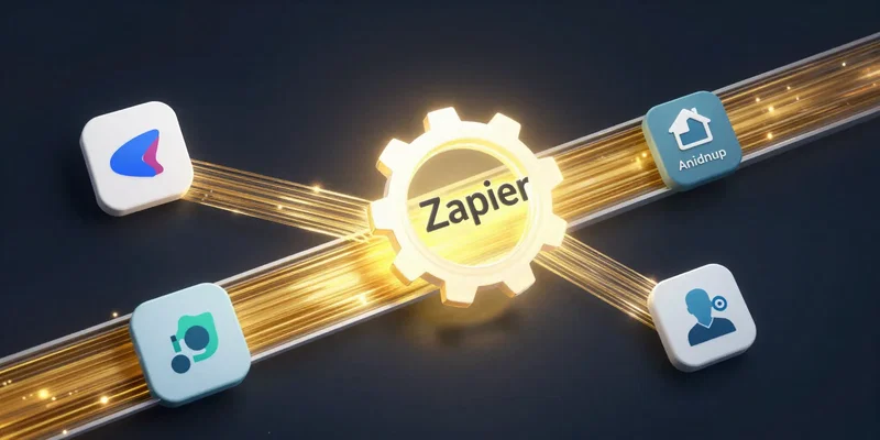 A detailed cross-section diagram showing Mailchimp and Airtable icons with a central glowing gear labeled 'Zapier'. Golden data streams flow between them on a conduit. Animated, technical illustration style, particle effects.