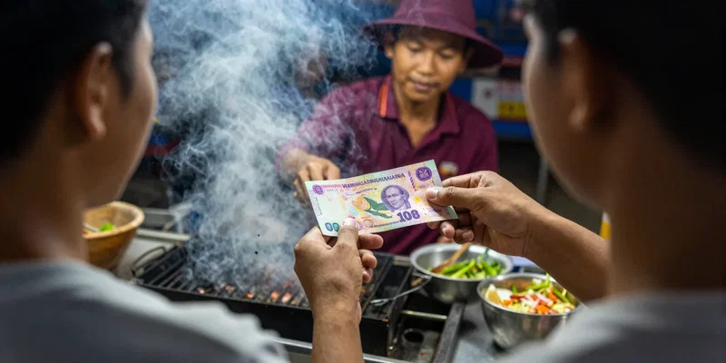 Over-the-shoulder view of a traveler handing a small colorful Vietnamese Dong banknote to a street food vendor, atmospheric smoke from the grill, warm neon lighting, high contrast, documentary style --ar 16:9