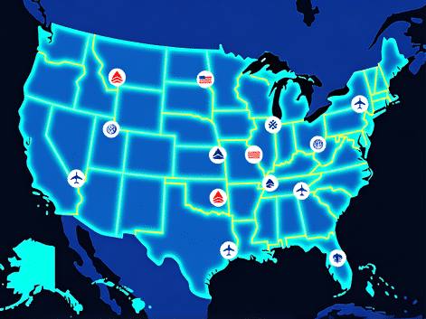 Infographic style image. A map of the northeastern USA with glowing lines connecting cities like New York, Boston