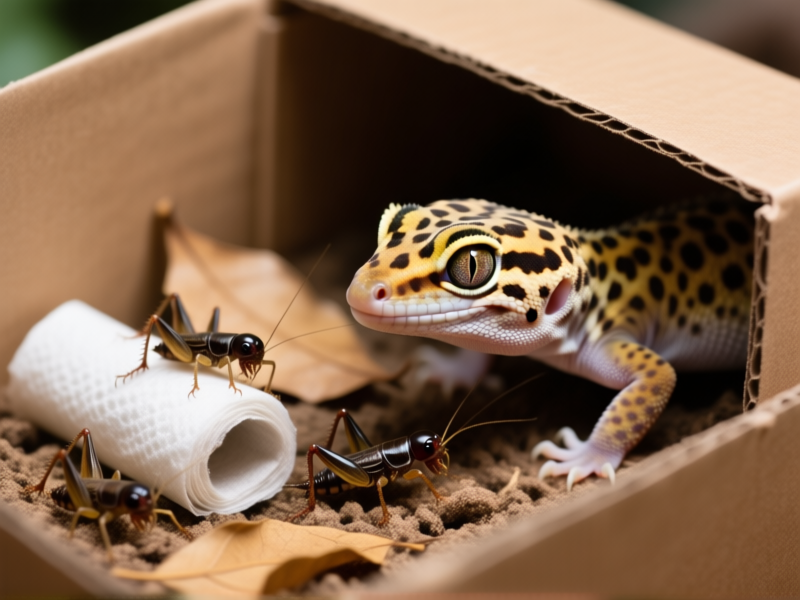 Midjourney Prompt: A close-up photo of a leopard gecko in a shallow cardboard box, its head peeking over the side. Inside the box are a few live crickets crawling on a textured substrate of paper towel rolls and dried leaves. Macro photography, natural terrarium lighting, sharp focus on the gecko's intrigued eye. --style raw --ar 16:9