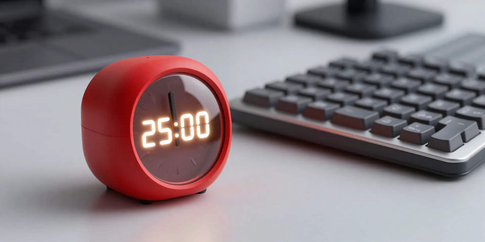 Midjourney Prompt: minimalist 3D render of a sleek, red kitchen timer sitting on a desk beside a mechanical keyboard, digital numbers counting down from 25:00, soft glowing light, shallow depth of field, clean aesthetic, trending on Behance