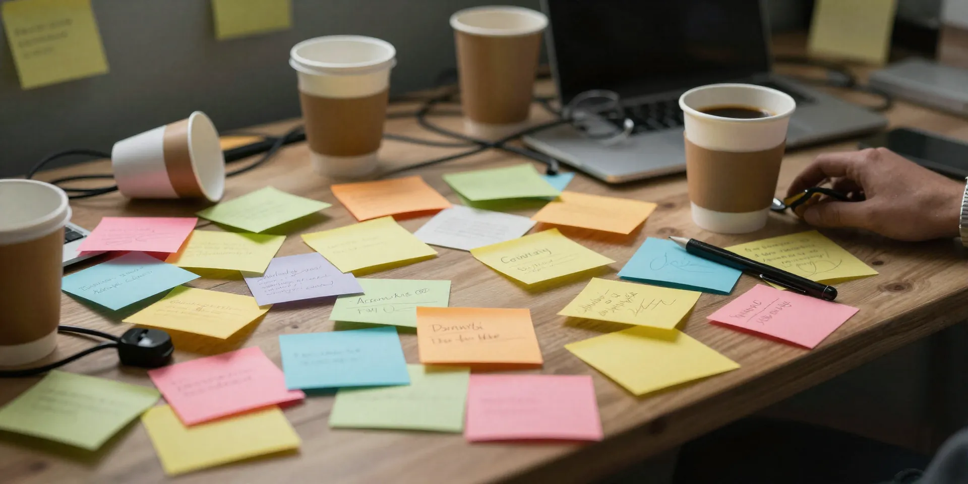 A chaotic messy desk covered in colorful sticky notes, overflowing coffee cups, and tangled wires, cinematic lighting, photorealistic, 8k, hyper-detailed, depth of field --ar 16:9 --v 6.0