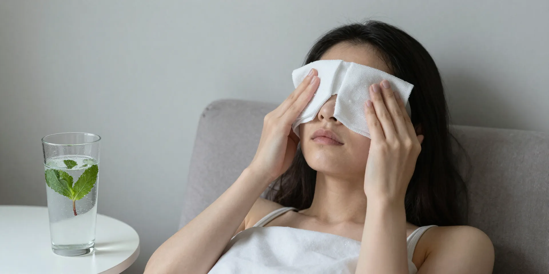Minimalist, serene photo of a person lying on a couch with a cold, damp cloth over their eyes, a single glass of sparkling water with mint on the side table, clean aesthetic, muted tones, soft shadows --v 6.0 --ar 4:3
