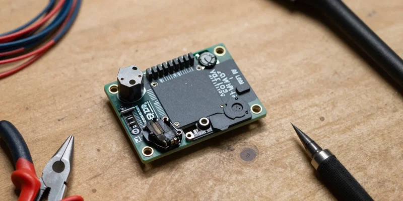 Top down view of a SpeedyBee F405 V3 flight controller resting on a wooden workbench surrounded by soldering wire and pliers, sharp focus, technical lighting, hyperrealistic --ar 16:9