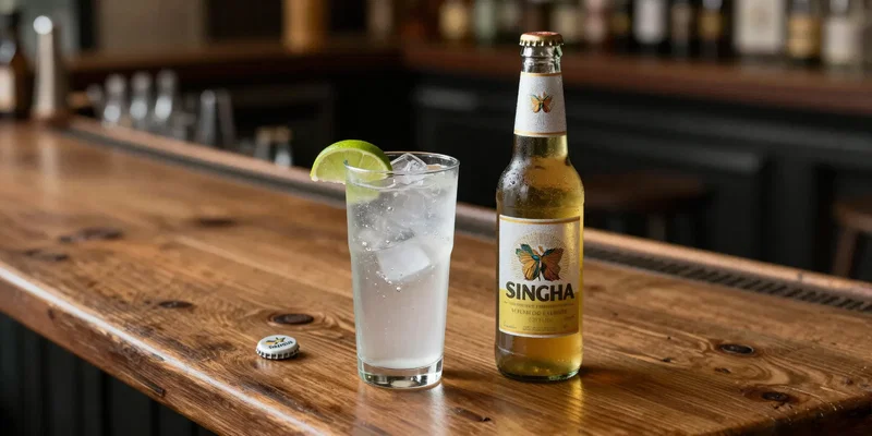 Midjourney Prompt: Top-down view on a rustic wooden bar, featuring a simple gin and tonic in a highball glass with lime, next to a bottle of local Singha beer with the cap visibly on the counter, minimalist composition, clean lines, soft focus on the background of a busy pub, shallow depth of field.