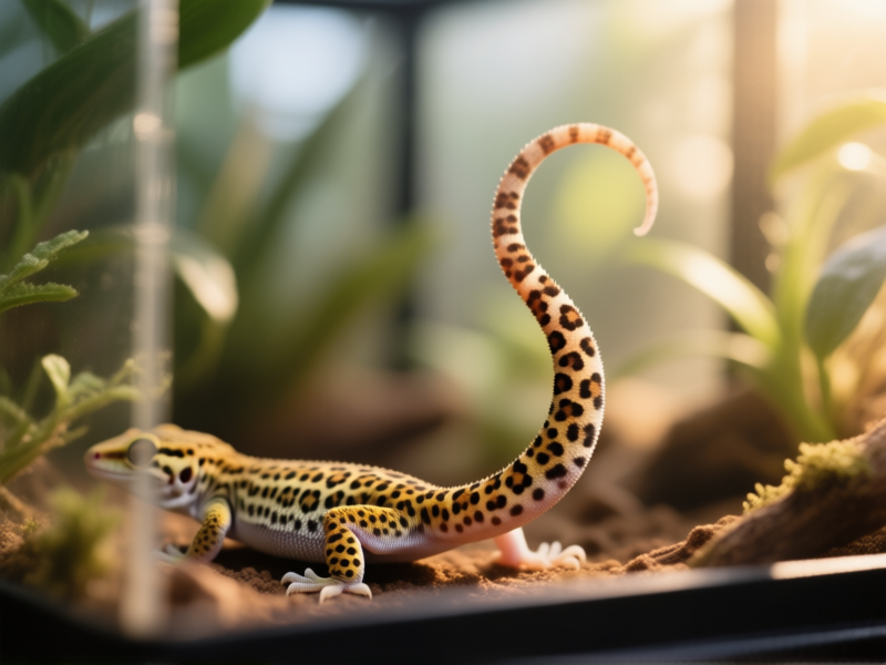 Midjourney Prompt: Macro photography, a leopard gecko in a naturalistic terrarium. Its tail is held high and gently curved, not vibrating. Warm, soft morning light filtering through plants. Sharp focus, photorealistic style, 8k. Close-up on the tail posture. --ar 16:9 --v 6.0