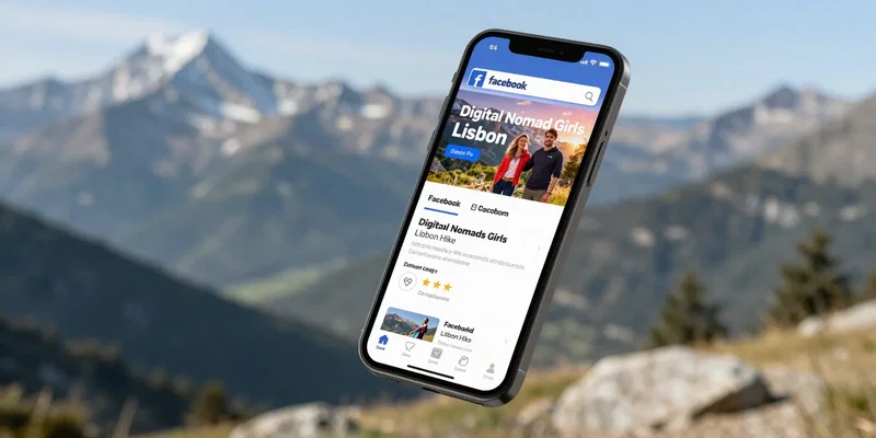smartphone screen floating in mid-air, showing a vibrant Facebook group event page for 'Digital Nomad Girls Lisbon Hike', the background is a blurred majestic mountain landscape, the phone screen is sharp and detailed, concept of connecting online to meet offline --ar 16:9 --style raw