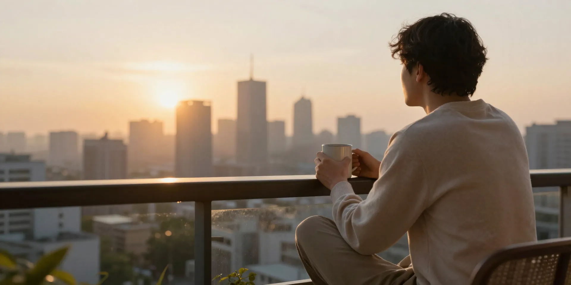 A person in comfortable clothes sits on a balcony at sunrise, not meditating, but simply looking out at a city skyline